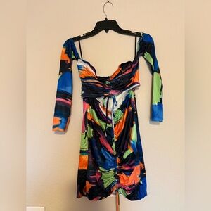 SHEIN Colorblock Abstract Tie Front Cutout Drawstring Ruched Bodycon Dress Large